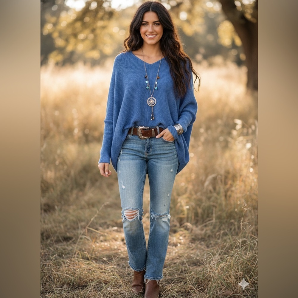 Nostalgia Mode aus Italien Blue V-Neck knit Oversized Sweater